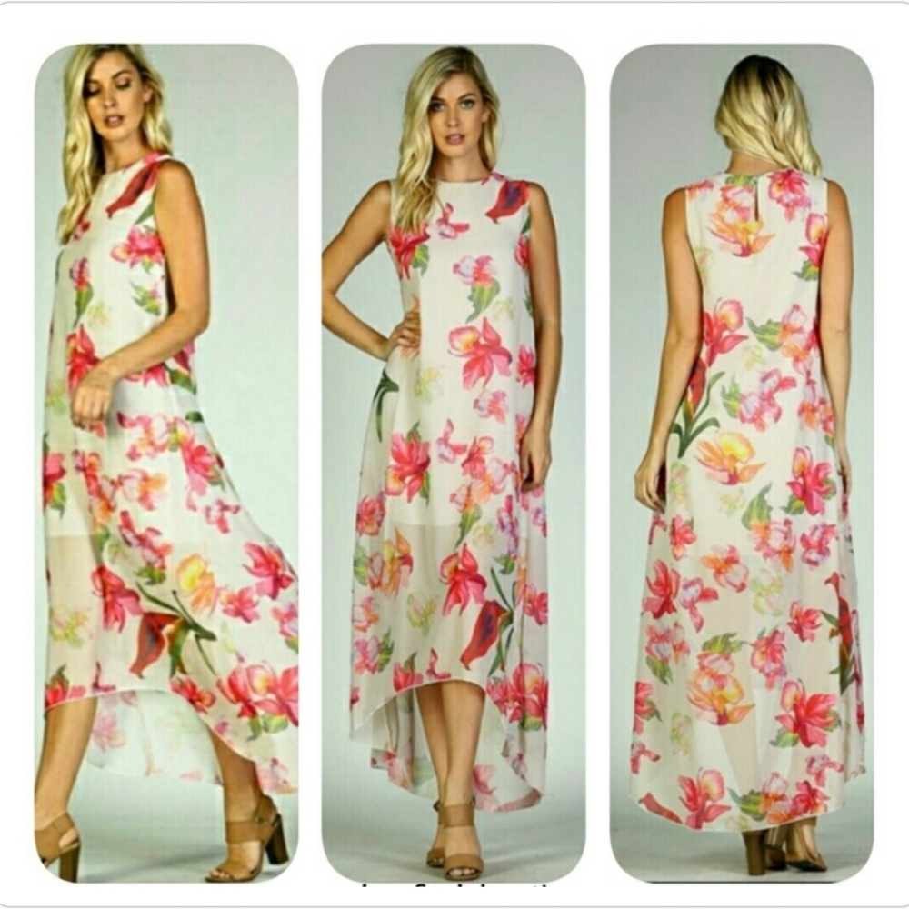 Floral print hi low ivory maxi dress 𝟐 𝐒𝐌𝐀𝐋𝐋 𝐥𝐞𝐟𝐭
